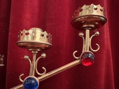 Candle Holders  style Gothic - Style en Brass / Bronze / Glass, Belgium  19 th century ( Anno 1890 )