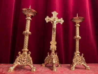 Matching Candle Sticks With Cross Altar Set style Romanesque en Bronze / Polished and Varnished, France 19th century ( anno 1875 )