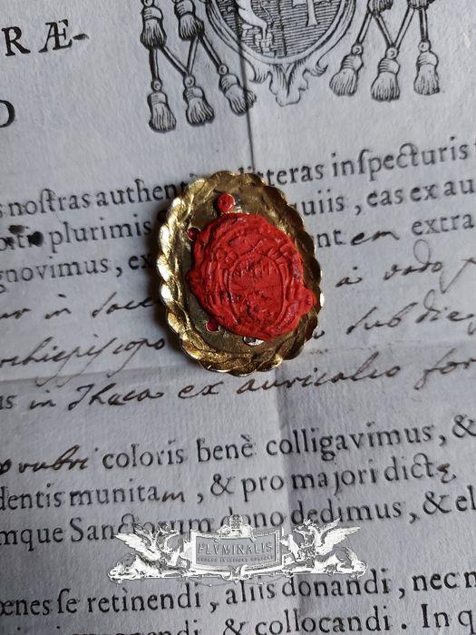 1 Exceptional Rare And Very Important Hand Made Solid Golden Theca Ex Sanquine Blood D N J C Original And Sealed Document By The Arch Bishop Of Ferrara Bologna Italy Signed