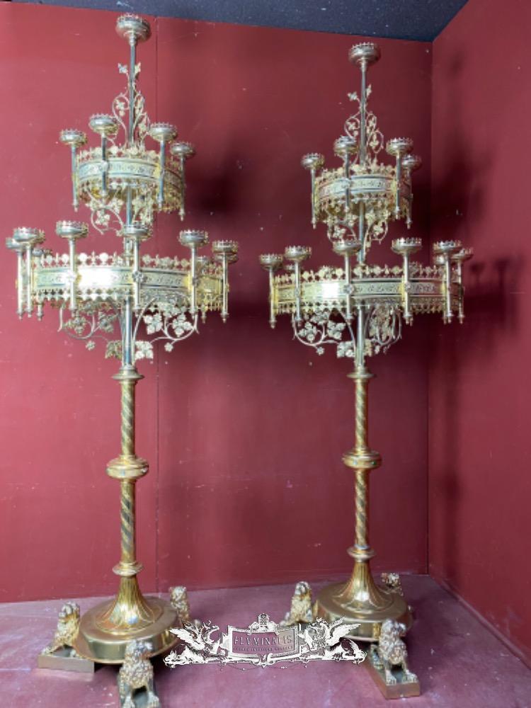 Pair Gothic - style Candle Holders By Bourdon - Antique